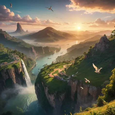 "A breathtaking floating island in the sky, covered with lush greenery and waterfalls cascading down into the clouds, a bright sunset illuminating the horizon, birds flying around, cinematic lighting, highly detailed, fantasy art style."