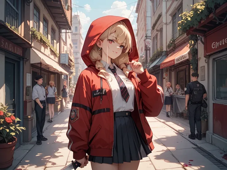 cool girl in uniform、red hooded hoodie 、 black skirt、knife、Blood