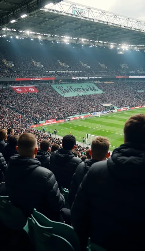 A group of supporters to the North numbered in large numbers wearing cassual black livery jackets and there was a banner on the stadium wall reading a large NORTHERNWALL in view from above 