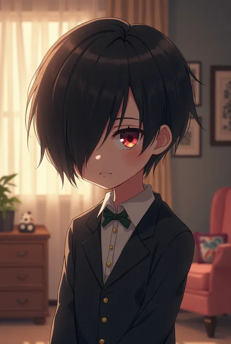 A little  boy named Teto ,  her hair is black ,  small and dark-haired and likes to dress up in an elegant anime-style ,  is shy and his hair covers his entire forehead covering his eyes,  against a background of a 's room 