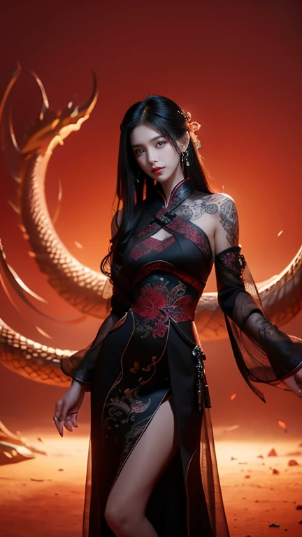 A beautiful young woman with long, silky black hair and striking red eyes, wearing a tight, elegant black and white qipao with intricate dragon embroidery. The outfit is adorned with red accents and lace details, enhancing her alluring appearance. She has ...