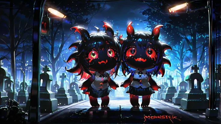 ( Masterpiece,  top quality:1.4),   Cinematic Light ,  colorful,  high contrast, Western Cemetery,   night , ( horror (theme):1.2), (Cute Chibi Monsters:1.2), (Cute monster:1.6)、 dark、( top quality、 Masterpiece、 high resolution、  Details)、Animeスタイル、 Flat S...