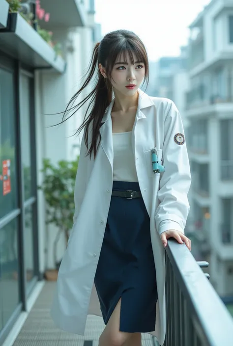 Sexy beautiful Japanese woman with glasses, a self defense officer uniform, wearing a white short-sleeved shirts, navy blue tie, navy blue pencil skirt, Black patent high heels, beautiful hip-line, Beautiful thighs, She wears a doctor's long-sleeved lab co...