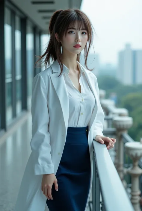 Sexy beautiful Japanese woman with glasses, a self defense officer uniform, wearing a white short-sleeved shirts, navy blue tie, navy blue pencil skirt, Black patent high heels, beautiful hip-line, Beautiful thighs, She wears a doctor's long-sleeved lab co...