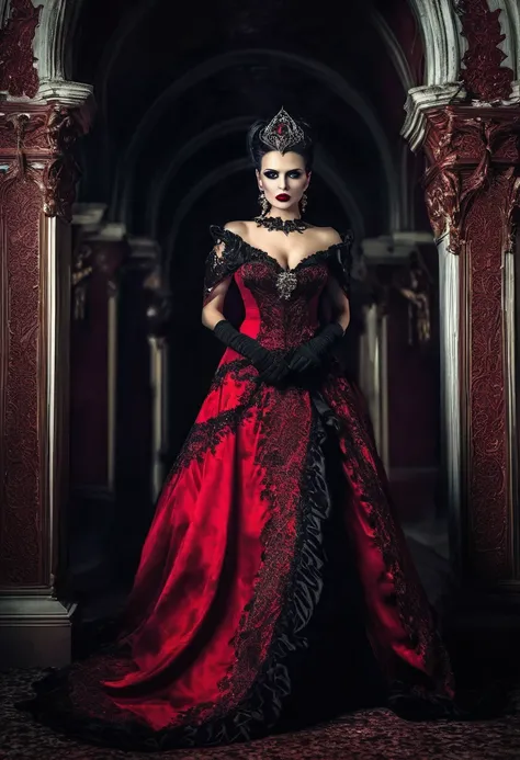 arafed woman in a red and black dress posing for a picture, ornate dark red opulent clothing, beautiful elegant demon queen, vampire fashion, beautiful vampire female queen, an elegant gothic princess, fantasy long intricate gown, intricate fantasy dress, ...