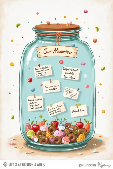 *"A whimsical scrapbook page with a large illustrated jar labeled ‘Our Memories’. Inside the jar, tiny folded paper slips float with handwritten notes like ‘Midnight ice cream runs’ and ‘That time we adopted Luna’. Around the jar, add small photos of the c...