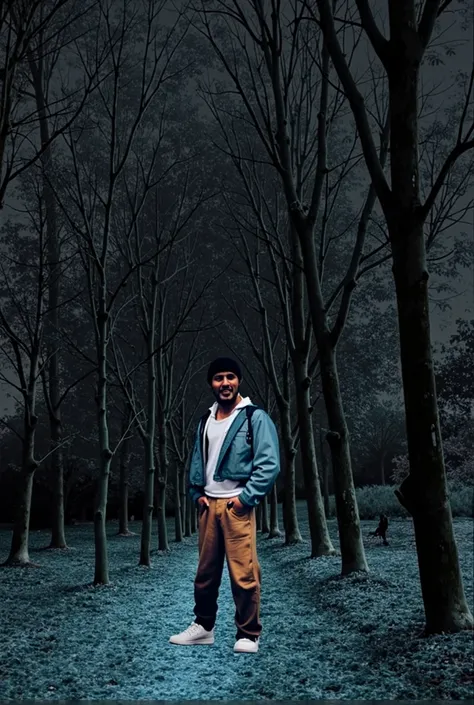 Un homme avec chian debout dans un foret 