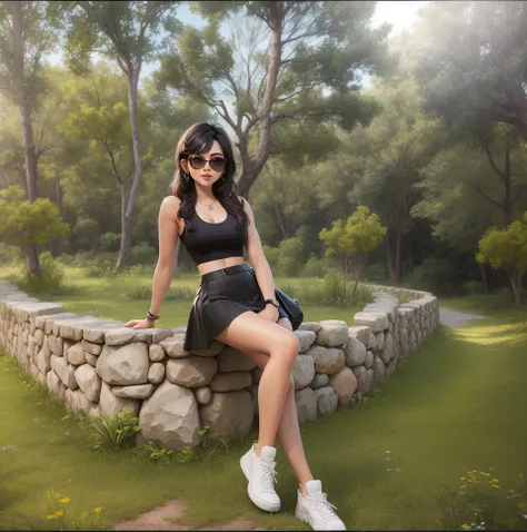 araffe sitting on a stone wall in a black dress, wearing crop top and miniskirt, casual pose, with a cool pose, with sunglass, in a park, wearing a black cropped tank top, inspired by Ion Andreescu, wearing a cropped black tank top, in the sun, at a park, ...