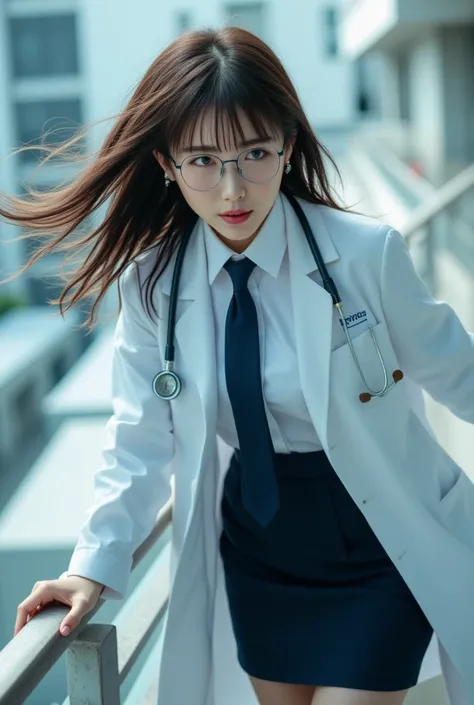 ((Sexy beautiful Japanese woman with glasses, a self defense officer uniform, wearing a white short-sleeved shirts, navy blue tie, navy blue pencil skirt, Black patent high heels) :1.5), beautiful hip-line, Beautiful thighs, She wears a doctor's long-sleev...