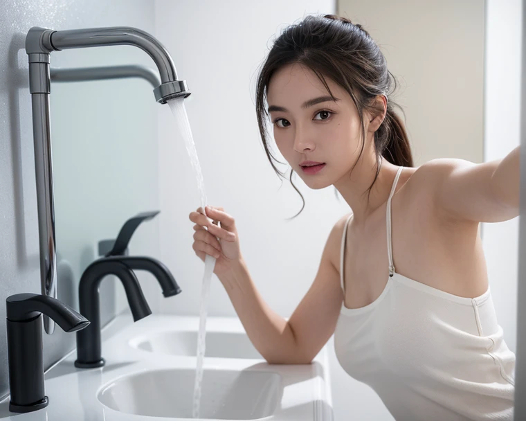 a close-up photo of a bathroom faucet with a reflective metal surface. The faucet is connected to flexible metal pipes on both sides, and its handle is in the center. The metal appears slightly aged, with water stains and small spots of dirt visible on the...