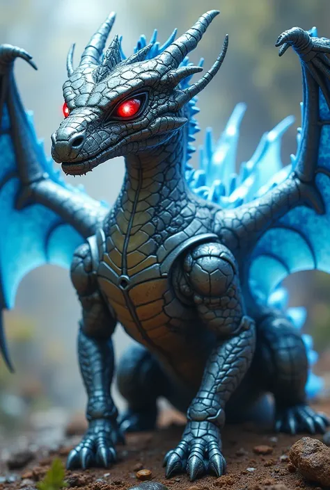 A biomechanical dragon covered in metallic scales ,  with blue energy wings and bright red eyes