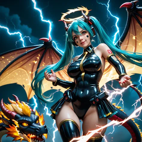 (((Hatsune Miku))), propotional body, ((Gorgeous)), (((russian young girl face))), ((demon Horns)), ((Black Gear halo)), ((Lightning Power)), ((Electricity)), ((Fire Background)), ((Lightning Storm)), ((Power Erupting)), (((Evil Power))), (((Busty))), (((d...