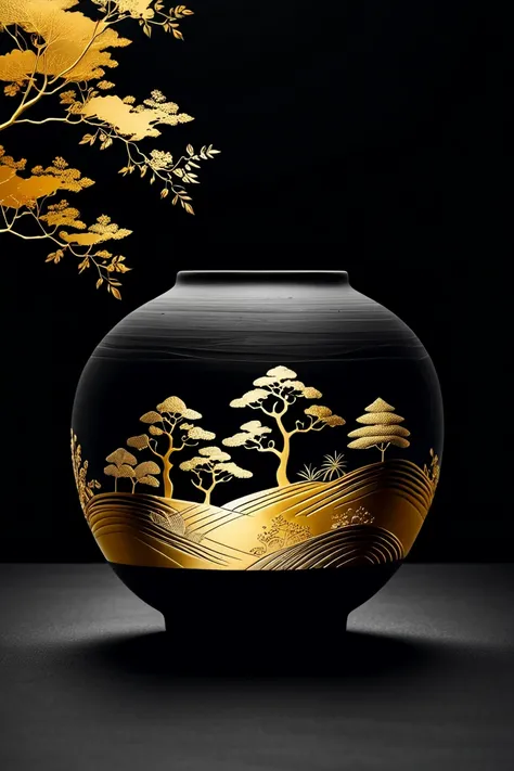 landscape. Minimalism.    pottery .  double exposure .
Asian design
Multilayeredness.   black background . golden effect.  high detail. beautiful. aesthetically pleasing.