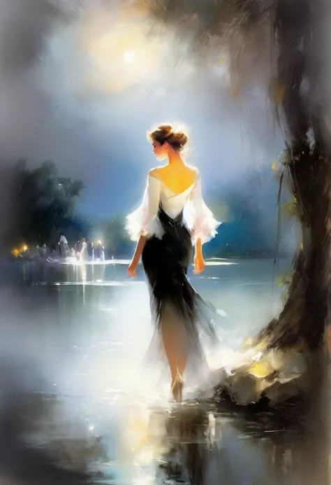 Willem Haenraets style full body (dynamic8 rococo picture biblical young man in white shirt stands on the shore of the lake in his direction goes beautiful female nymph,  dressed in a beautiful black dress  . drawing  .night moonlight  .