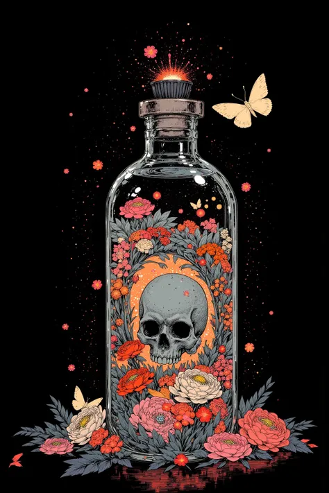   ukiyo-e with a skull and lots of colorful flowers in a bottle,An empty heart , skull in a glass jar ,シュールで Beautiful Art ,Lightning that shines at night,Flying Butterfly, Eerie Art , Amazing Art , surreal dark art ,memento mori ,  Beautiful Art , Amazing...