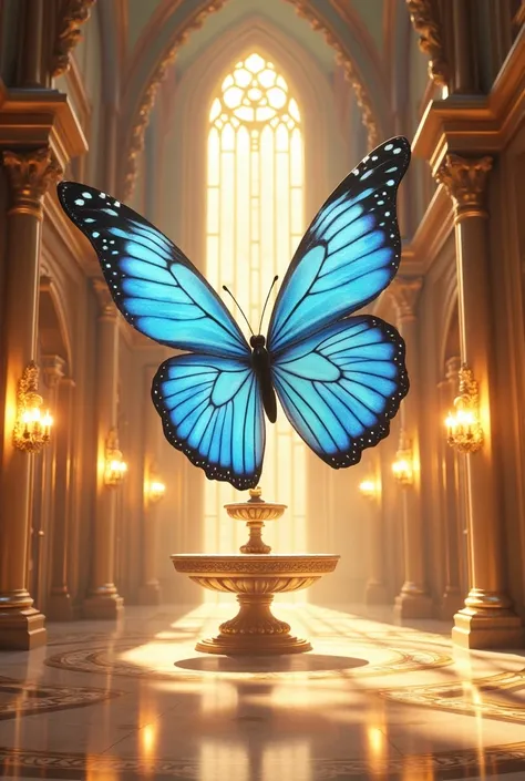 Ballroom of a heavenly and gold castle in which a beautiful blue butterfly flies