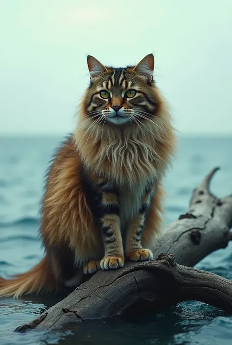 Red cat, Hairy , has a mane, his eyes are big, on a piece of wood in the middle of the sea , 