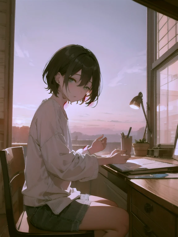  top quality、 black hair、 short hair、 hair is unkempt、Hunchback、 eyes are meditating、 has elbows on the desk、indoor、 fantastic atmosphere、The sunset points to 、Sitting on a wooden chair、 Masterpiece、 and close your eyes、Thread