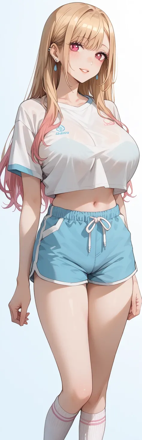  Tall girls ,  Suitable for girls , KJOmarin,   Blonde Hair, long hair,  Pink eyes ,  Earrings, Ear piercing,  Colored Hair , score_9, score_8_up, score_7_up, source_animation,  Masterpiece, best quality , huge breasts, White Dolphin Shorts , navel, lookin...