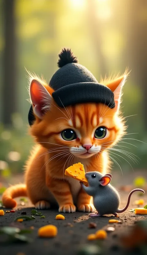 The small, fluffy orange cat with thick fur and a black hat gently places a piece of cheese near the weak gray mouse. The cat watches as the mouse sniffs the cheese and slowly begins to eat. The sunlight filtering through the trees highlights the kindness ...