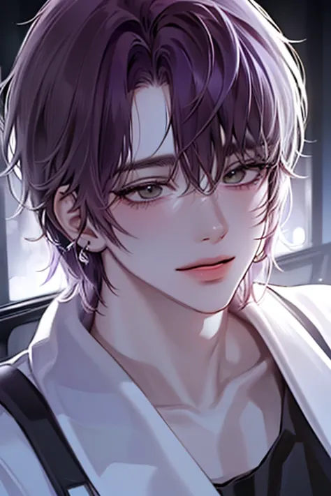 (adsurdres, highres, ultra detailed), (masterpiece, best quality:1.2),1boy, spiky messy hair, purple hair, gray eyes, extremely detailed eyes, close up shot, portrait, smiling, absolutely stunning art