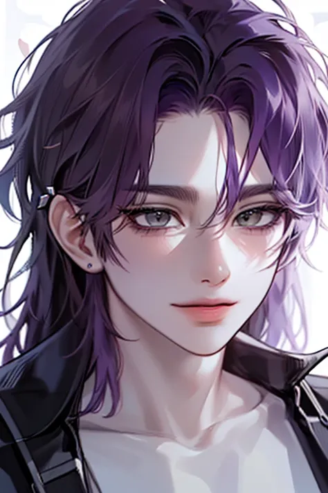 (adsurdres, highres, ultra detailed), (masterpiece, best quality:1.2),1boy, spiky messy hair, purple hair, gray eyes, extremely detailed eyes, close up shot, portrait, smiling, absolutely stunning art