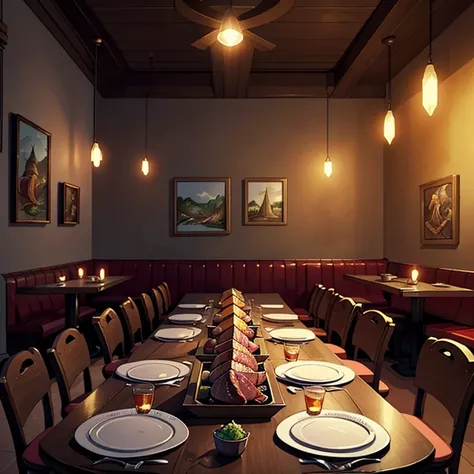 creates the image of the interior of a Spanish restaurant. In the image there are tables, chairs, different dishes with meat and fish. The atmosphere is cozy and futuristic. background only. The style of the image is drawing, stunning digital illustration,...