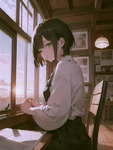  top quality、 black hair、 short hair、 hair is unkempt、Hunchback、 eyes are meditating、 has elbows on the desk、indoor、 fantastic atmosphere、The sunset points to 、Sitting on a wooden chair、 Masterpiece、 and close your eyes、Thread