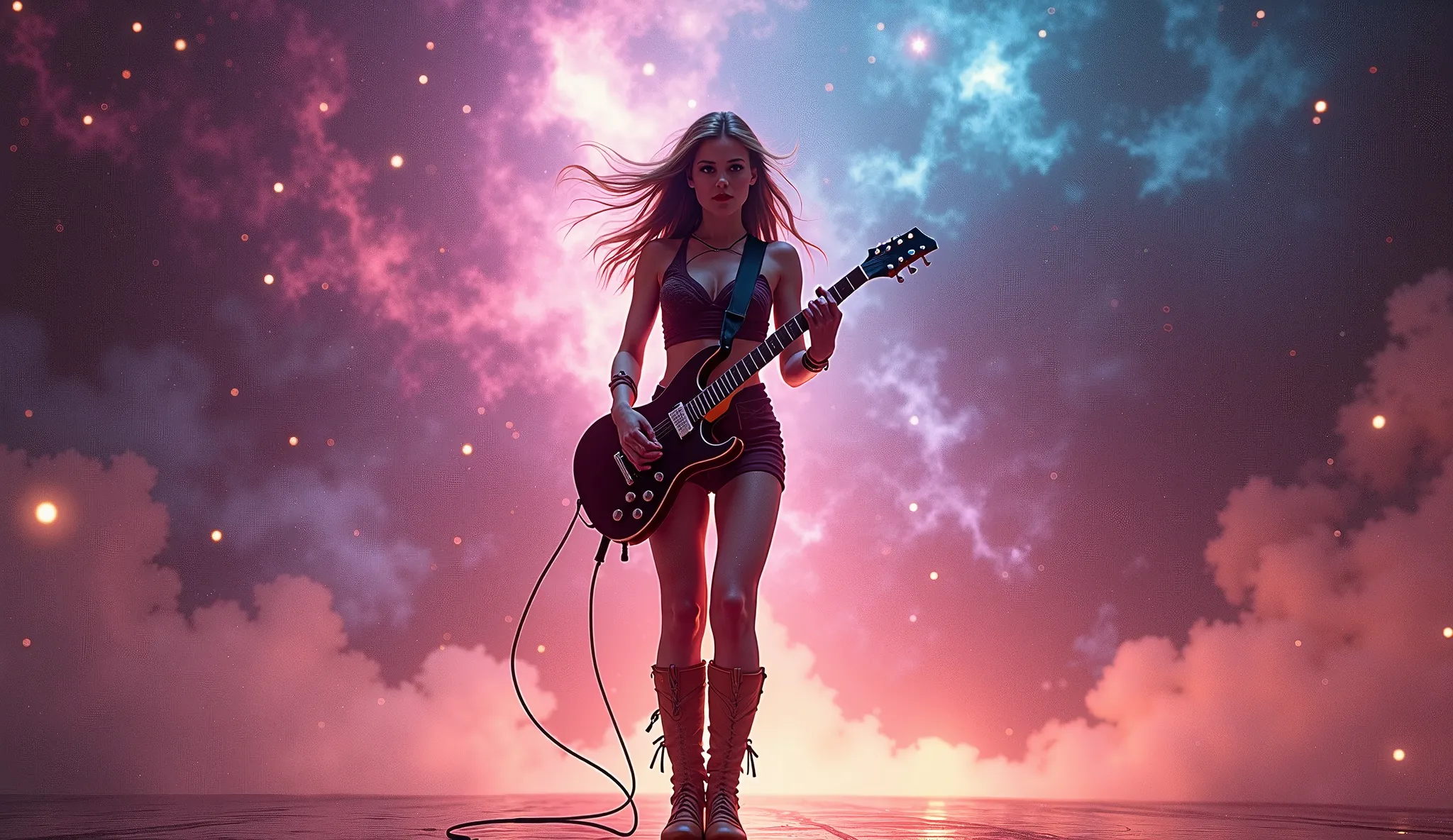 A young female rocker with long hair, standing confidently and playing an electric guitar. She’s wearing stylish boots and has a fierce, intense expression, embodying the energy of a true rock star. The background is a stunning cosmic scene, filled with vi...