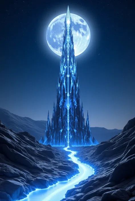 A fantastic moonlight with a crystal tower standing and a starry sky river flowing

