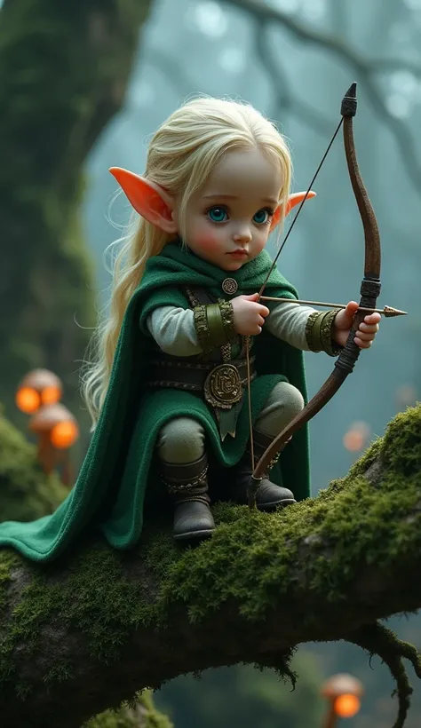 A photorealistic image of an ultra-mignon baby version of Legolas, perched gracefully on a moss-covered tree trunk in a dark fantasy forest. The baby elf has long, silky blond hair, pointed ears, and striking blue eyes filled with determination. Dressed in...