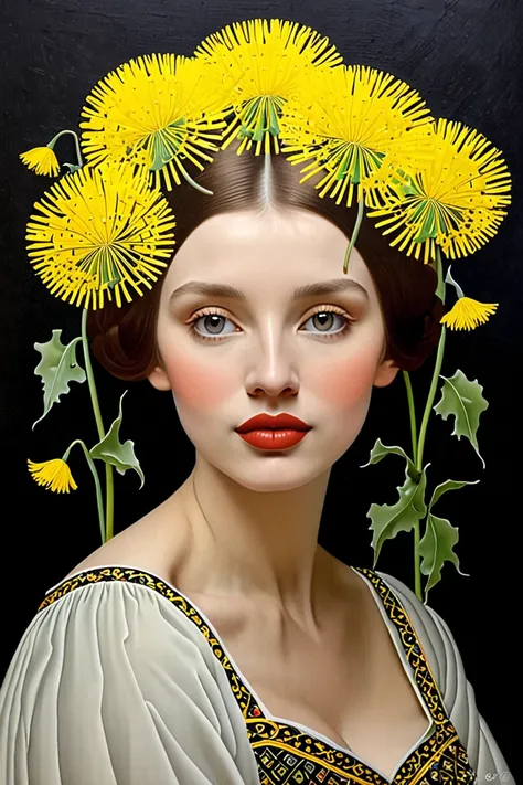 in the style of Andrey Remnev + Sofia Bonati + Angela Betta Casale. 
dandelions.. portrait of a woman