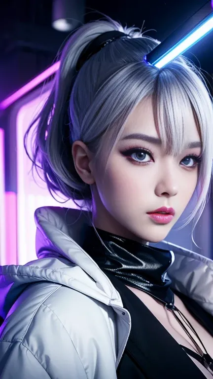 A Japanese lady with white contact lenses and thick eyeshadow, wearing an oversized coat on a black light, white colored hair, neon lights reflections, hyperrealism, photorealistic, 8k, unreal engine 