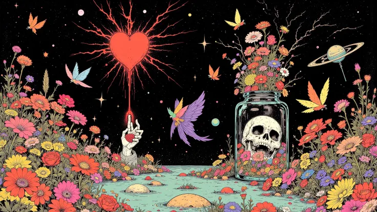   ukiyo-e with a skull and lots of colorful flowers in a bottle,An empty heart , skull in a glass jar ,シュールで Beautiful Art ,Lightning that shines at night,Flying Butterfly,Burning Flowers , Lightning Strikes , Melting Stars and Planets in Space, Eerie Art ...