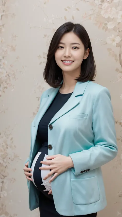 (Masterpiece,High Quality),(clear shots) ,  Japanese ,Woman, (huge breasts),(huge pregnant),(looking at the front), wallpaper, sweet smile, half body, jacket coat, button office shirt and pencil skirt, hair short length, hands in the pocket, exact front vi...