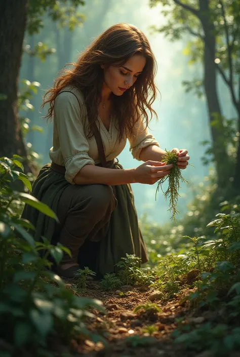 Brown-haired woman collecting resources in the forest with coins in the distance monsters