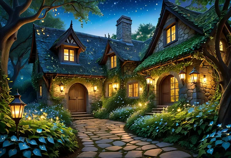 A cozy, enchanted cottage nestled deep within a mystical forest at twilight. The house is built with dark wooden beams and stone walls, covered in ivy and blooming flowers. Warm golden lights glow from the diamond-paned windows, creating a welcoming and ma...