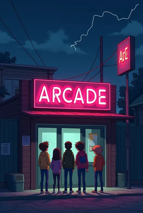  3D Cartoon Storyboard

Scene 1: Arrival at the Arcade
	•	Liam and his friends stand outside an abandoned, flickering arcade at night.
	•	The neon sign buzzes with broken letters spelling “A___DE” (Arcade).
	•	Thunder rumbles in the 