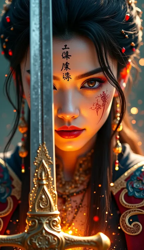 “A close-up portrait of a mysterious and beautiful warrior woman with intricate face makeup glowing with soft magical light. She holds a detailed, ornate sword vertically in front of her face, with ancient runes or Chinese characters engraved on the blade....