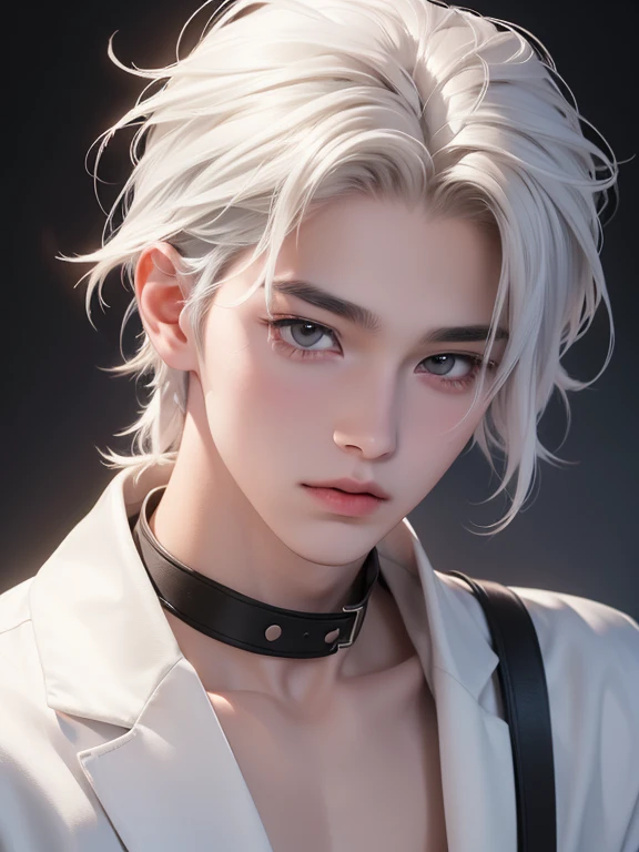 Boy with wavy white hair, gray Eyes , white Skin, Cute Asian Boy, Boy with a beautiful face, Realistic anime style, A boy who resembles a K-Pop idol