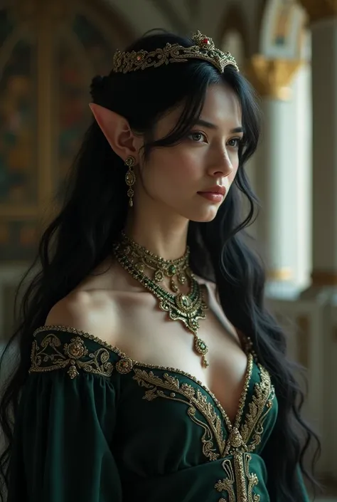 Upper body shot, european woman, european face, pointed elf ears, white skin, black hair, closed mouth, ancient elven noble outfit, elven jewelry, dynamic pose, complex fantasy character, NSFW, cinematic lighting, fantasy, magic, detailed background, in an...