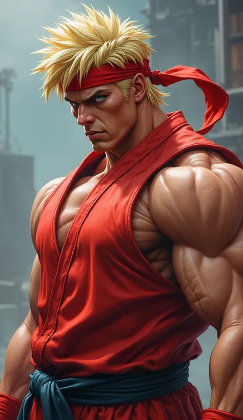 Create an image of the character Ken from Capcom's Street Fighter in a very realistic and colorful way