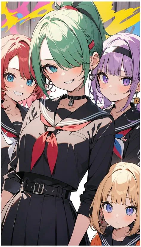 (Four beautiful girls : 1.3), girls ,( black sailor suit on the background, Long Sleeve, skirt,headband, earrings,belt,finger piercing gloves ,Lock, boots), blonde, black hair, Hair, Silver Hair, red hair ,Blue Hair,Green Hair,Pink hair,Purple Hair, ponyta...