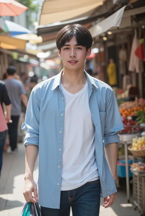 "A handsome Korean man, age 32, with short black hair and fair skin, dressed in a stylish light Blue shirt layered over a white T-shirt, walking through a vibrant market during daytime. The scene is highly detailed and realistic, with sharp 8K resolution a...