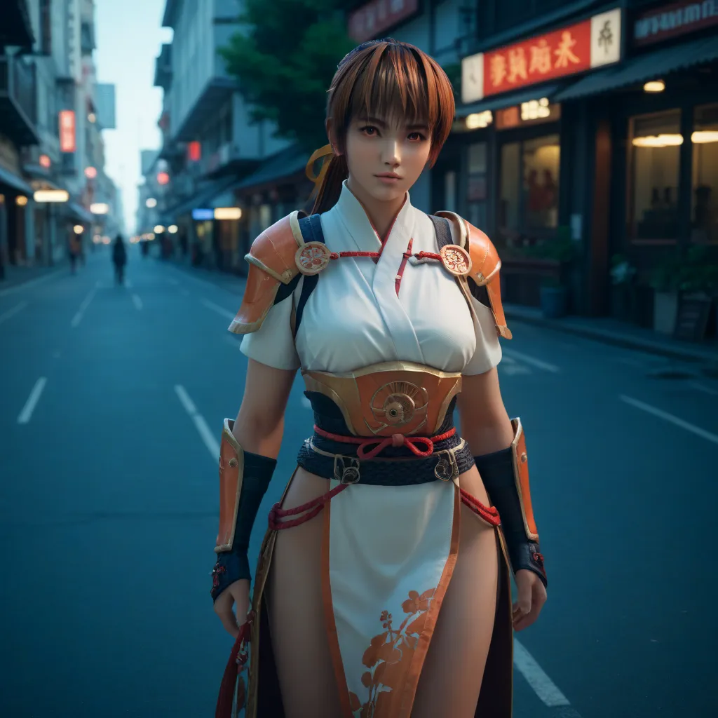 Kasumi (Dead or Aive), Long Copper Brown Hair, Ponytail, Amber Eyes, Height: 164 cm, Breasts: 89 cm, Waist: 54 cm, Hips: 85 cm,  unreal engine, kunoichi armor, city
