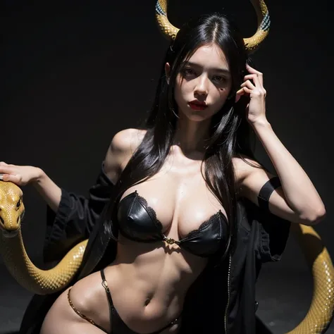 Evil demoness with a head of snake, snakes in her hair, yellow eyes
