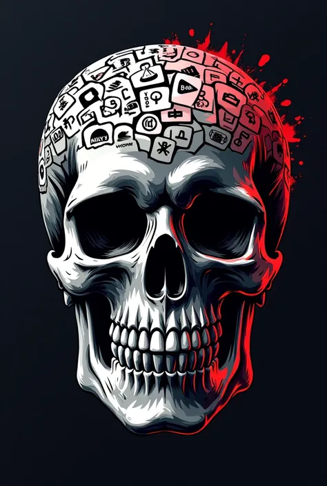 Need a youtube channel logo of a skull with different logos of gaming genres like shooting, rpg, action adventure, mystery, and fighting surrounding the skull and add the name RagingProductions inside the mouth of the skull