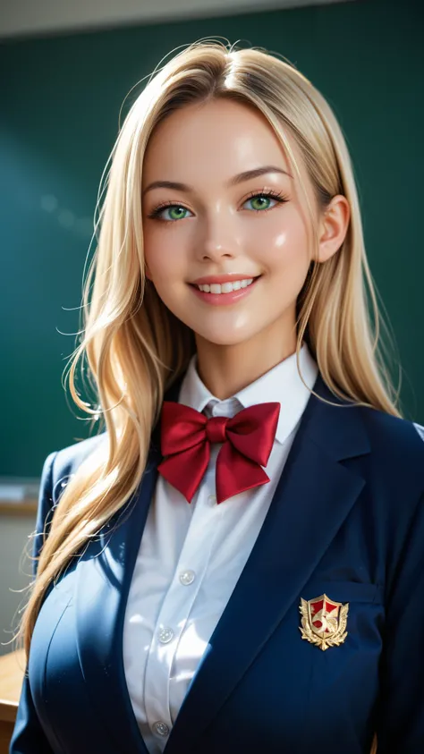 score_9, score_8_up, score_7_up, source_real, high resolution picture, super detailed, BREAK A breathtakingly beautiful woman, long hair, silky blonde hair, wearing a modern school uniform, blazer with intricate gold embroidery, bowtie, smirk, soft lightin...