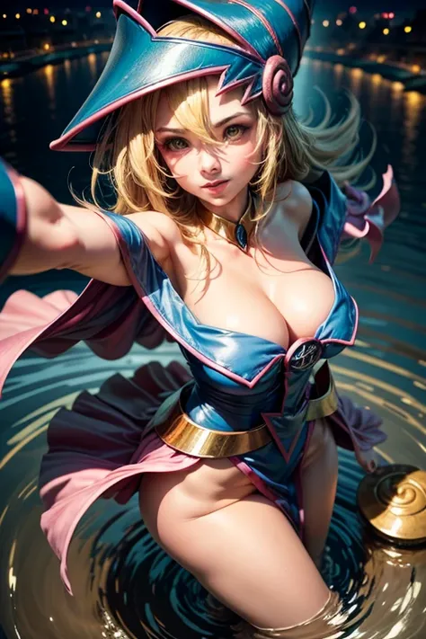 (masterpiece:1.2), (The best quality:1.2), perfect lighting, a Dark Magician Girl takes a selfie to herself. casting a spell, beautiful face, smiling, on the river at the sea, sunset , sexy legs, visible thigs, visible butt, Fight a red-skinned dragon.In h...