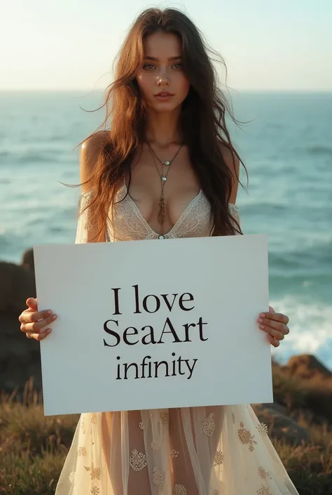 A beautiful woman with long wavy hair wearing a bohemian dress is holding a white sign that says: "I Love Seaart Infinity" And show it to the audience.